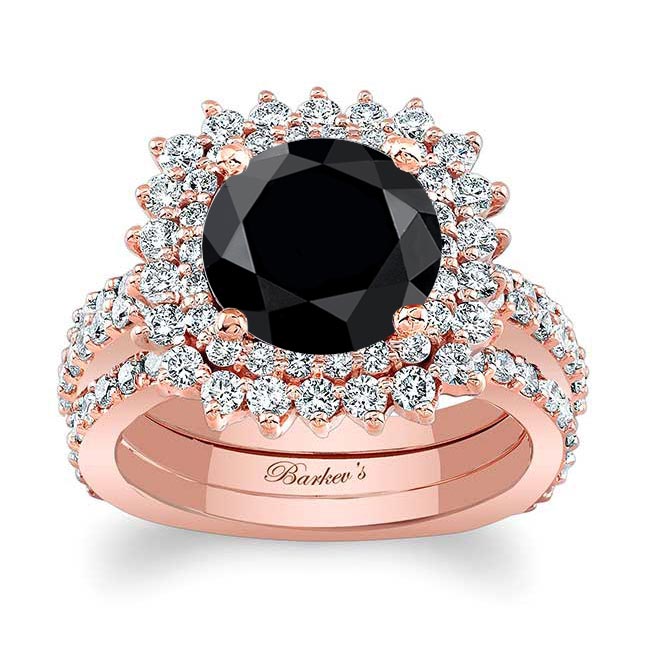 Rose Gold 3 Carat Black And White Diamond Engagement Ring Set With 2 Bands
