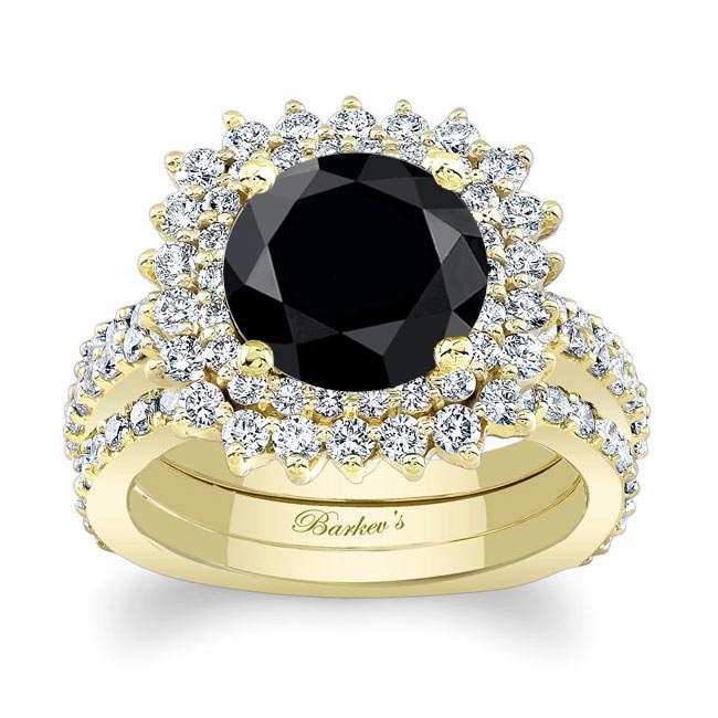 Yellow Gold 3 Carat Black And White Diamond Engagement Ring Set With 2 Bands