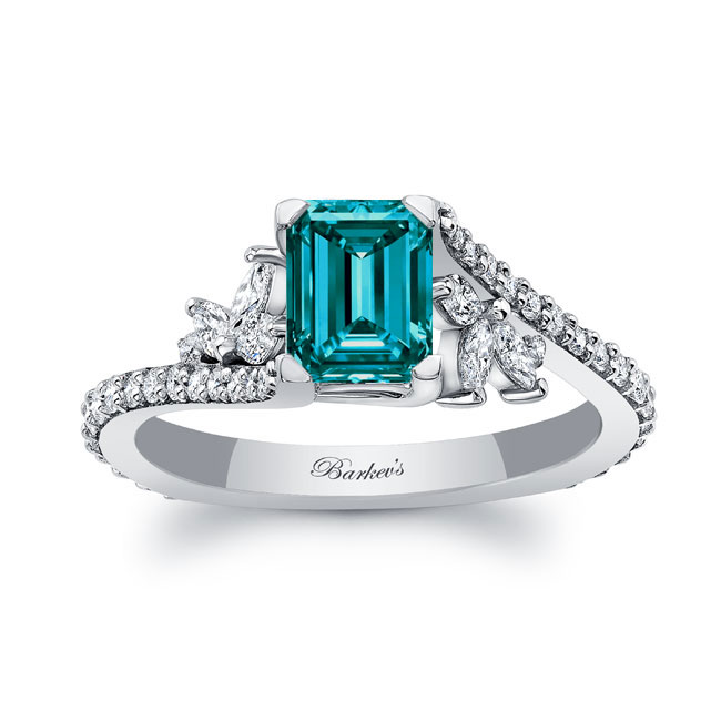 1 Carat Emerald Cut Blue And White Diamond Ring