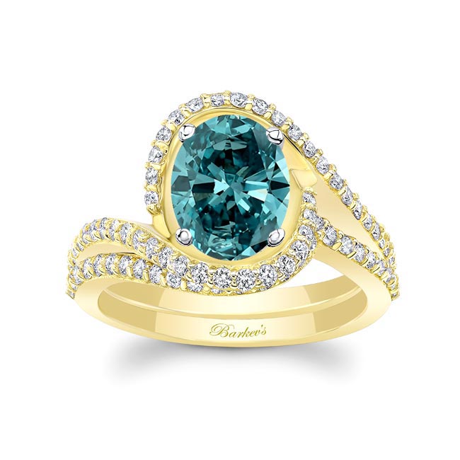 Yellow Gold 2 Carat Oval Blue And White Diamond Wedding Ring Set