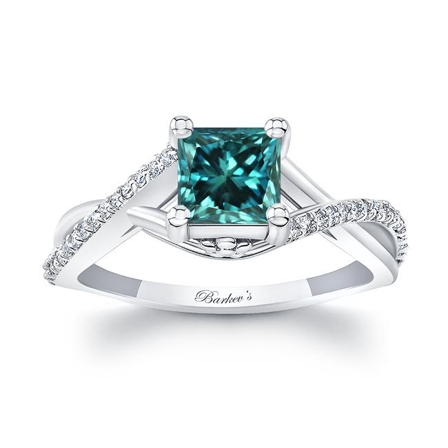 One Carat Princess Cut Blue And White Diamond Ring