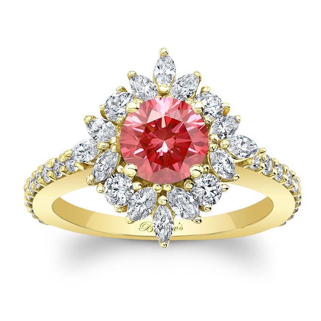 Yellow Gold Marquise Halo Lab Grown Pink Diamond Engagement Ring
