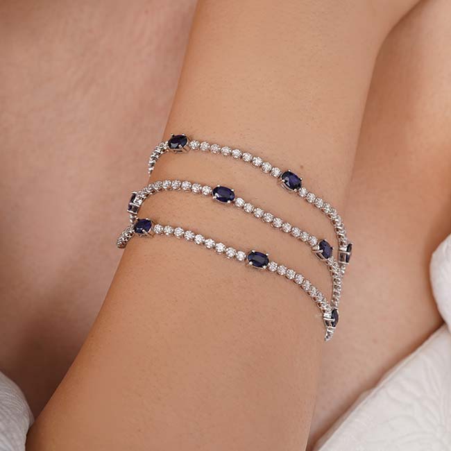 3 Row Oval Lab Sapphire And Diamond Bracelet Image 2