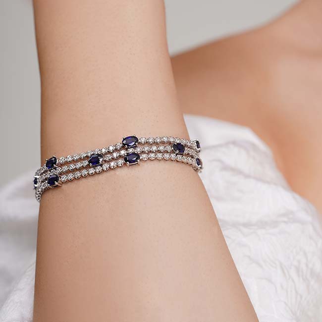 3 Row Oval Lab Sapphire And Diamond Bracelet Image 3