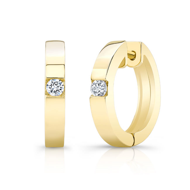 Yellow Gold Single Diamond Hoop Earrings