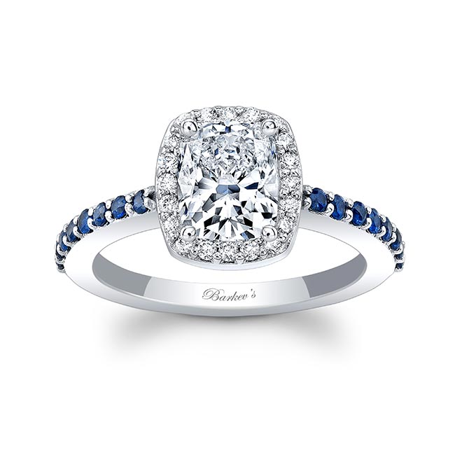 1 Carat Cushion Diamond Halo Engagement Ring With Blue Sapphires