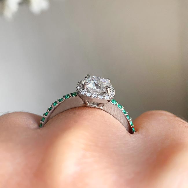 1 Carat Round Moissanite Halo Engagement Ring With Emeralds Image 3