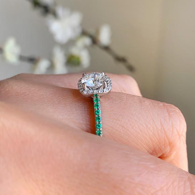 1 Carat Round Moissanite Halo Engagement Ring With Emeralds Image 4