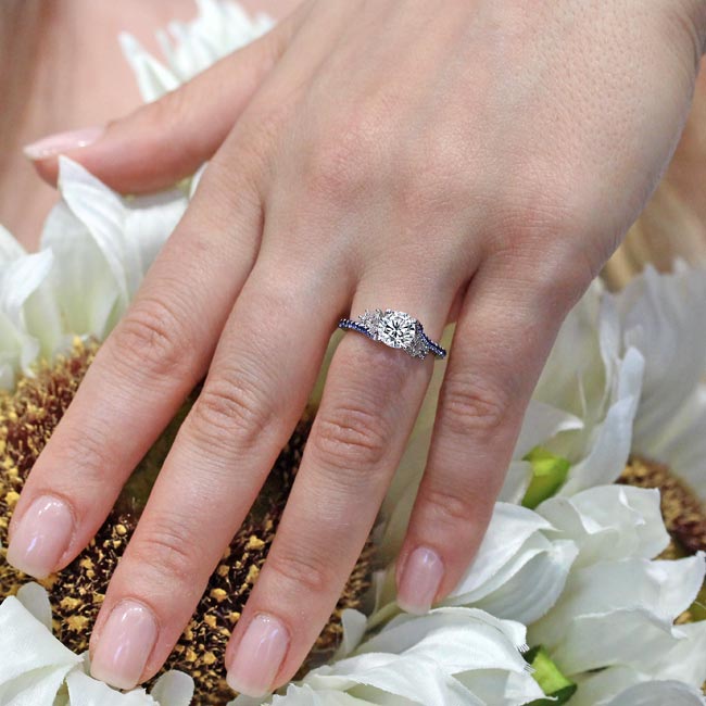 1 Carat Round Lab Diamond Ring With Blue Sapphire Accents Image 3