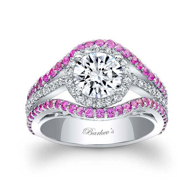 Halo Pink Sapphire Accent Moissanite Ring