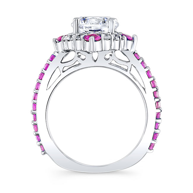 2 Carat Lab Diamond Halo Bridal Set With Pink Sapphires And 2 Bands Image 2