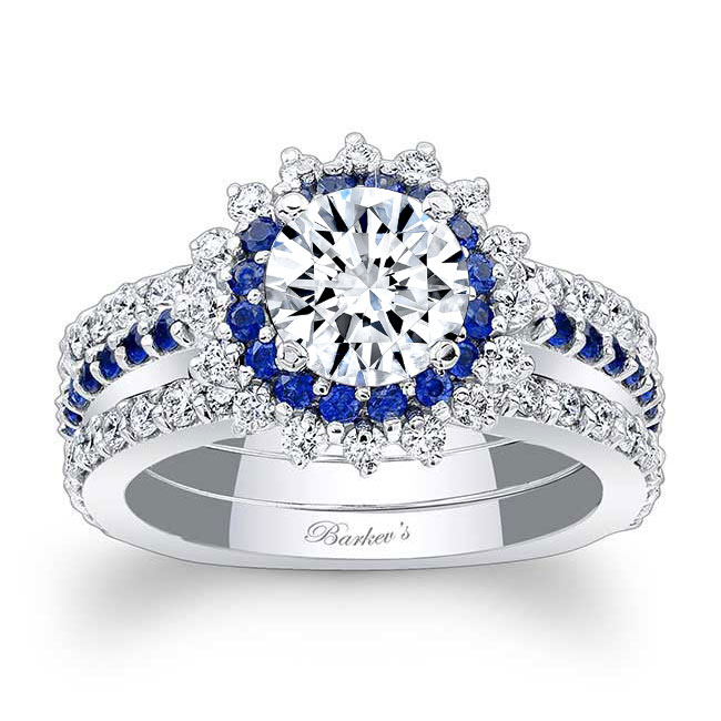 Moissanite Blue Sapphire Accent Sunflower Bridal Set With 2 Bands