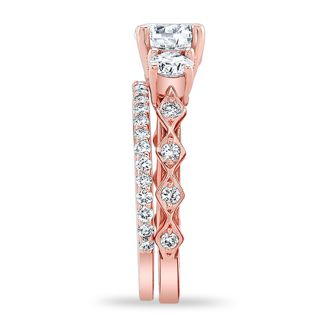 Rose Gold Vintage 3 Stone Lab Grown Diamond Ring Set Image 3