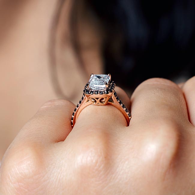 Rose Gold Emerald Cut Black Diamond Accent Halo Ring Image 4