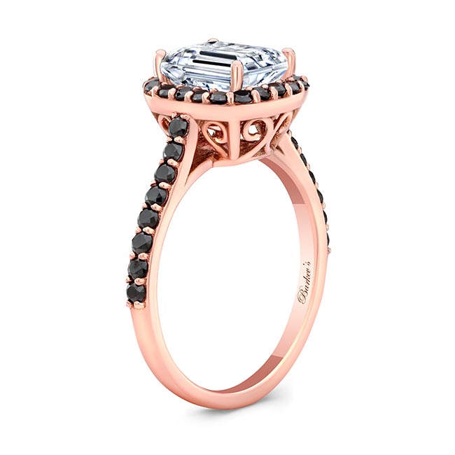 Rose Gold Emerald Cut Black Diamond Accent Halo Ring Image 2