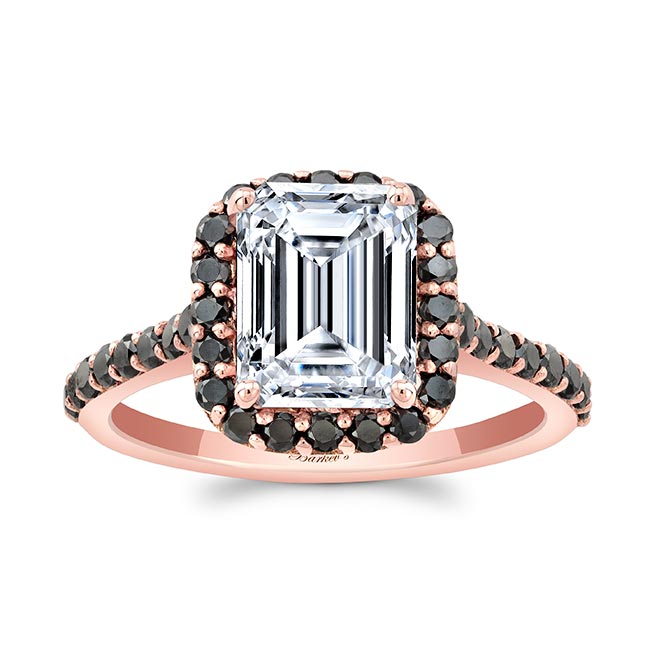 Rose Gold Emerald Cut Black Diamond Accent Halo Ring