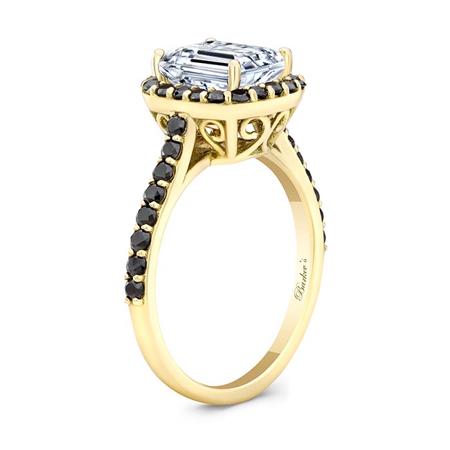 Yellow Gold Emerald Cut Black Diamond Accent Halo Ring Image 2