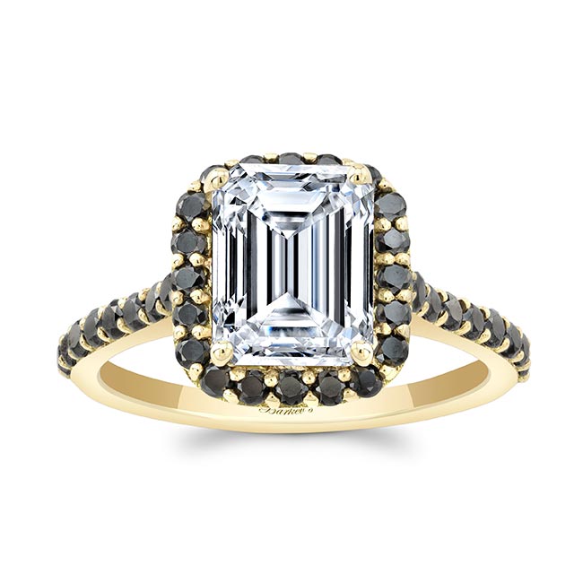 Yellow Gold Emerald Cut Black Diamond Accent Halo Ring