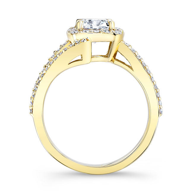 Yellow Gold Split Shank Cushion Cut Halo Ring Image 2