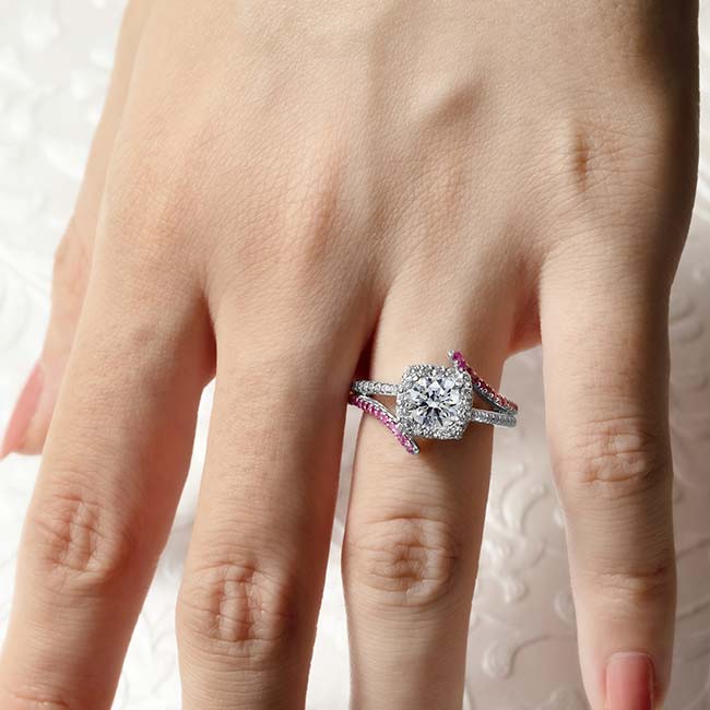 Split Shank Cushion Cut Pink Sapphire Accent Halo Ring Image 3