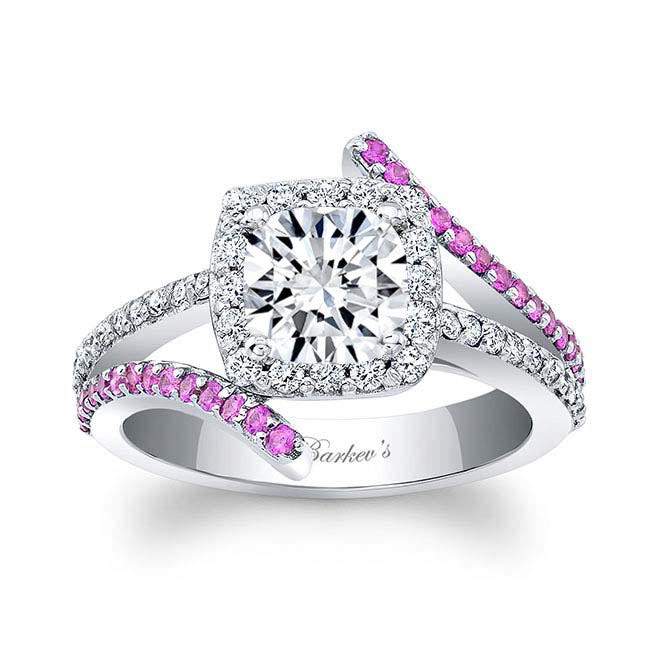 Split Shank Cushion Cut Pink Sapphire Accent Halo Ring