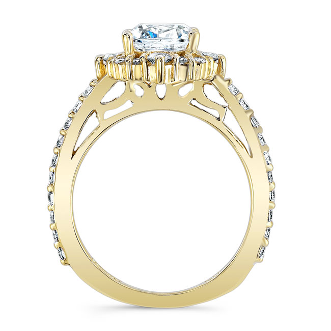 Yellow Gold Halo Cushion Cut Wedding Ring Set Image 2