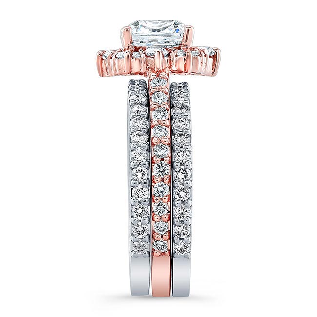 White Rose Gold Halo Cushion Cut wedding Ring Set With 2 Bands Image 2