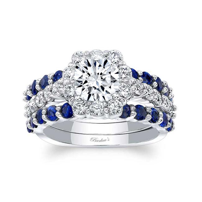 1 Carat Diamond Halo Ring Set With 2 Blue Sapphire Bands