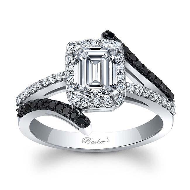 White Gold Rectangle Halo Lab Diamond Engagement Ring With Black Diamonds