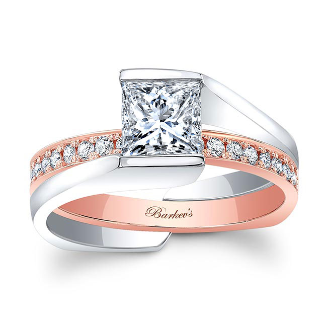 White Rose Gold Interlocking Princess Cut Ring Set