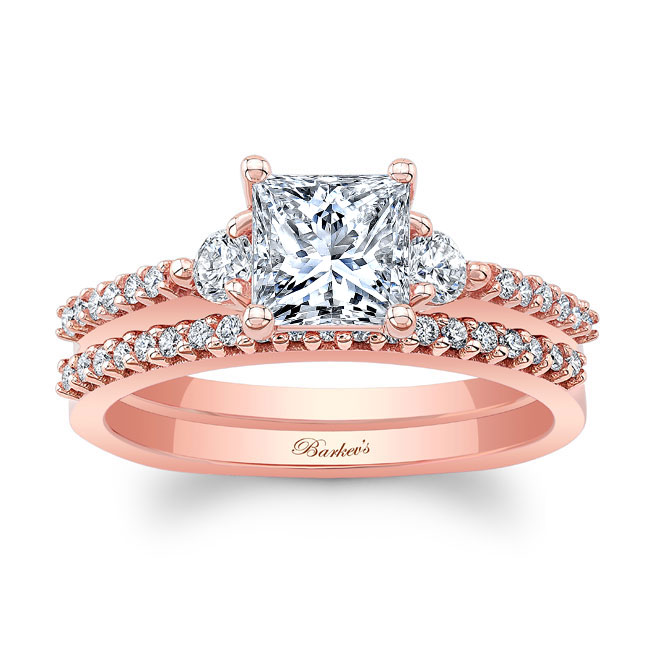 Rose Gold Moissanite 3 Stone Princess Cut Wedding Set