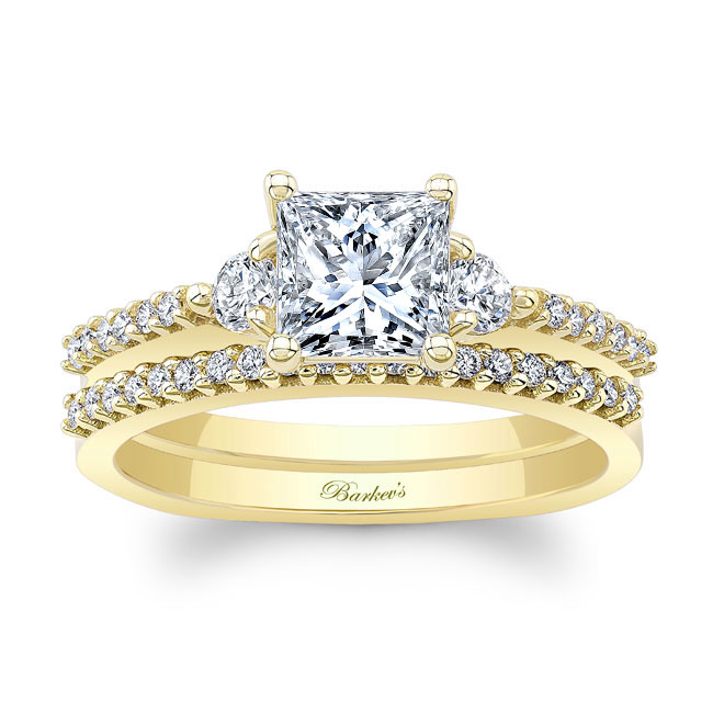 Yellow Gold Moissanite 3 Stone Princess Cut Wedding Set