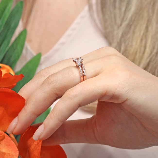 Rose Gold Moissanite 3 Stone Princess Cut Wedding Set Image 6