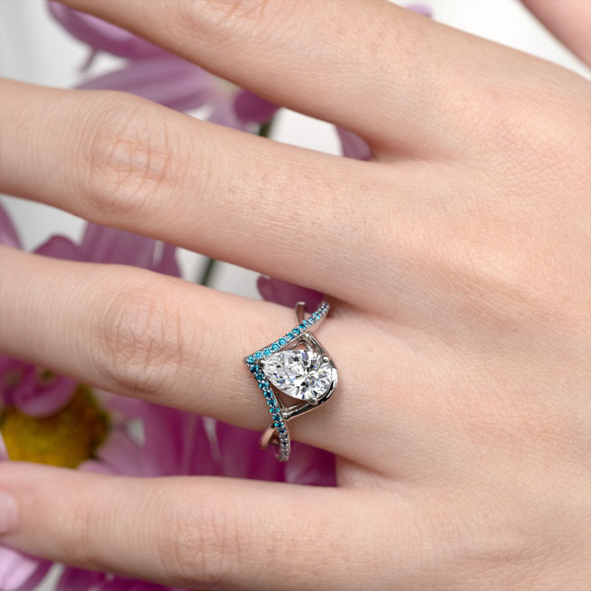 Unique Pear Shaped Lab Diamond Ring With Blue Diamond Accents Image 3