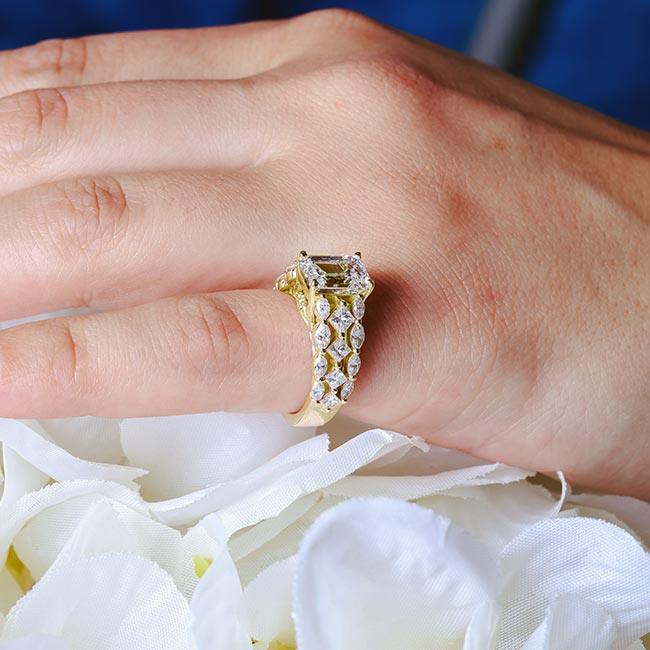 Yellow Gold Three Row Emerald Cut Diamond Ring Image 5