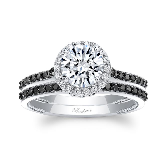 Round Halo Black Diamond Accent Wedding Set