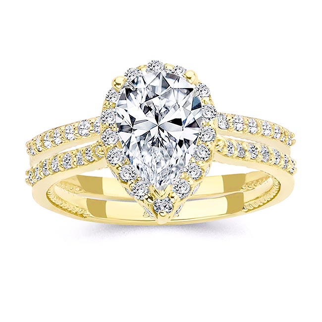 Yellow Gold Eva 2 Carat Pear Shaped Halo Ring Set