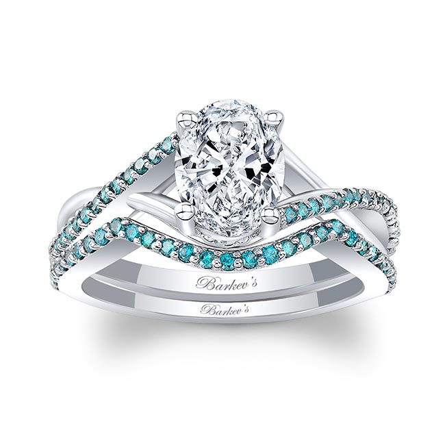 One Carat Oval Lab Diamond Bridal Set With Blue Diamonds