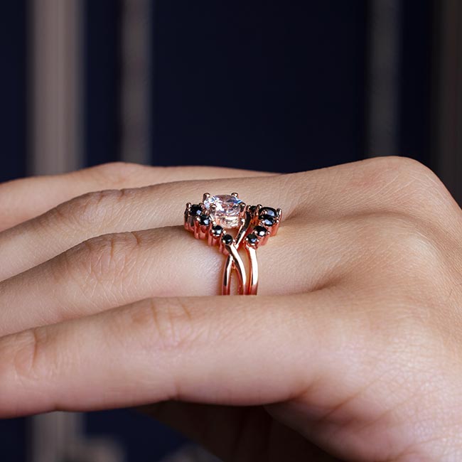 Rose Gold Unique Wedding Set With Black Diamond Accents Image 5