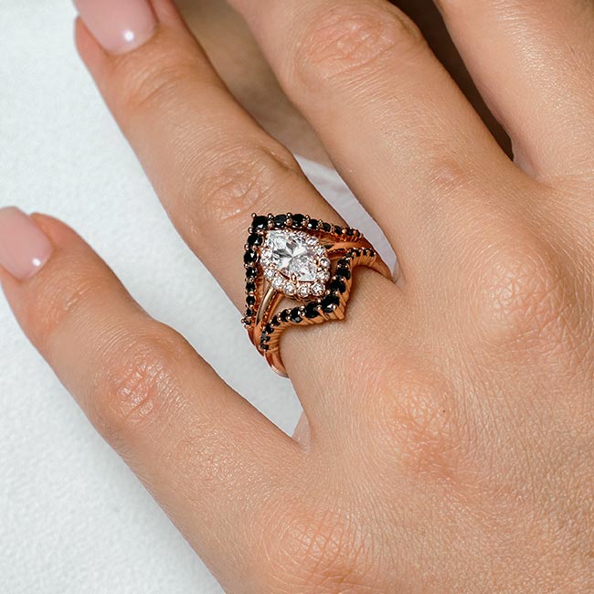 Rose Gold Marquise Cut Diamond Wedding Set With 2 Black Diamond Bands Image 3