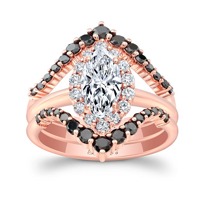 Rose Gold Marquise Cut Diamond Wedding Set With 2 Black Diamond Bands