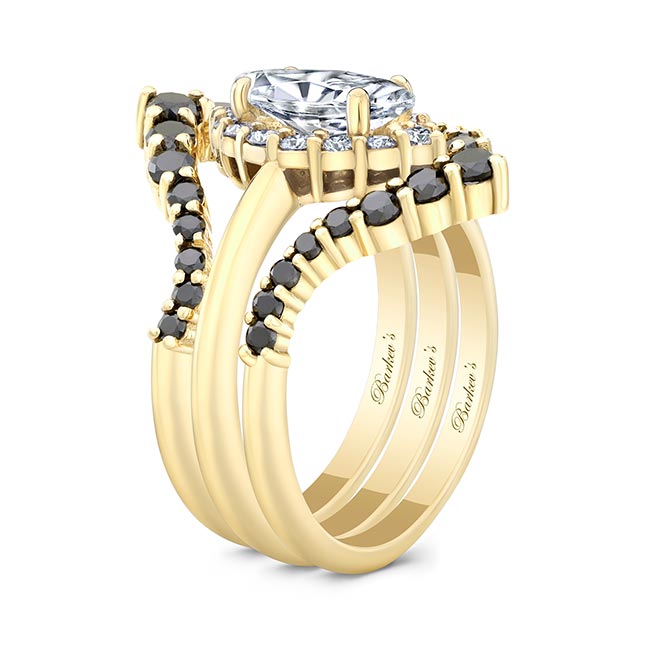 Yellow Gold Marquise Cut Diamond Wedding Set With 2 Black Diamond Bands Image 2