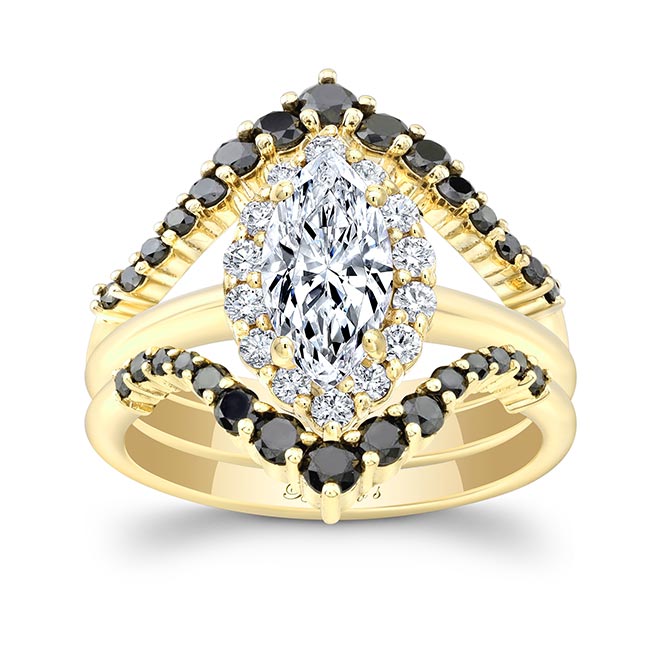 Marquise Cut Diamond Wedding Set With 2 Black Diamond Bands