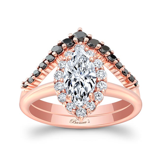 Rose Gold Marquise Cut Lab Diamond Wedding Set With Black Diamonds