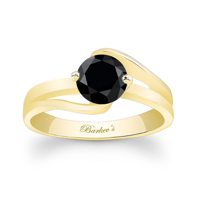 Yellow Gold Split Shank Solitaire Black Diamond Ring