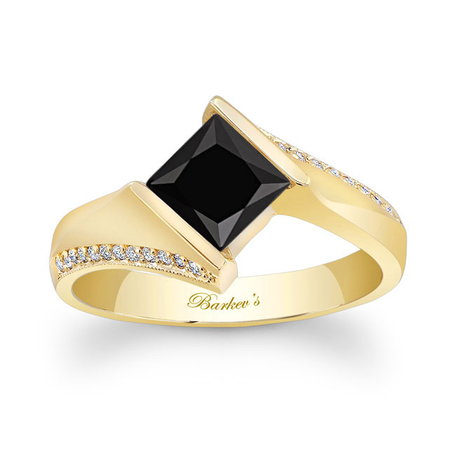 Yellow Gold Princess Cut Square Black And White Diamond Ring