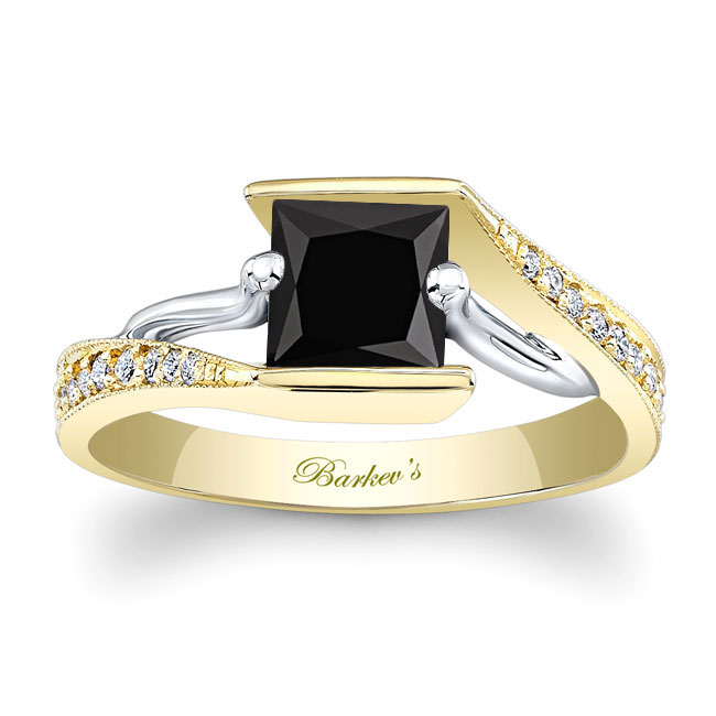 White Yellow Gold Channel Set Princess Cut Black And White Diamond Ring