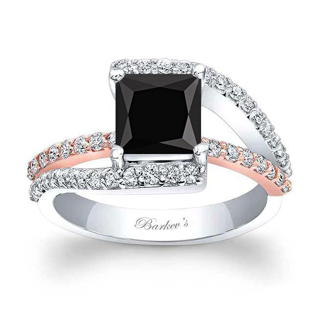 White Rose Gold Split Shank Princess Cut Black And White Diamond Ring