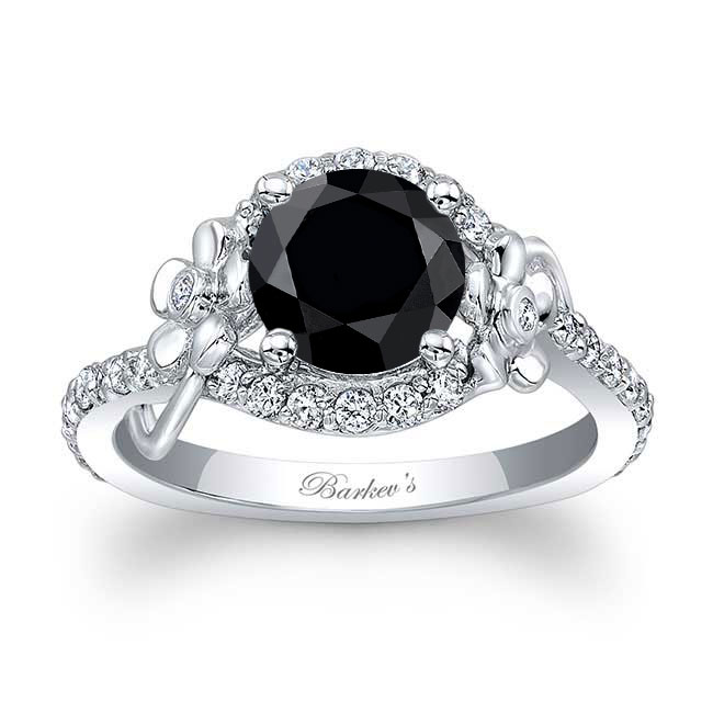 Platinum Black And White Diamond Flower Engagement Ring