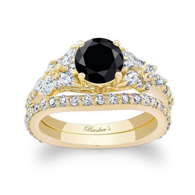 Yellow Gold Vintage Marquise Black And White Diamond Bridal Set